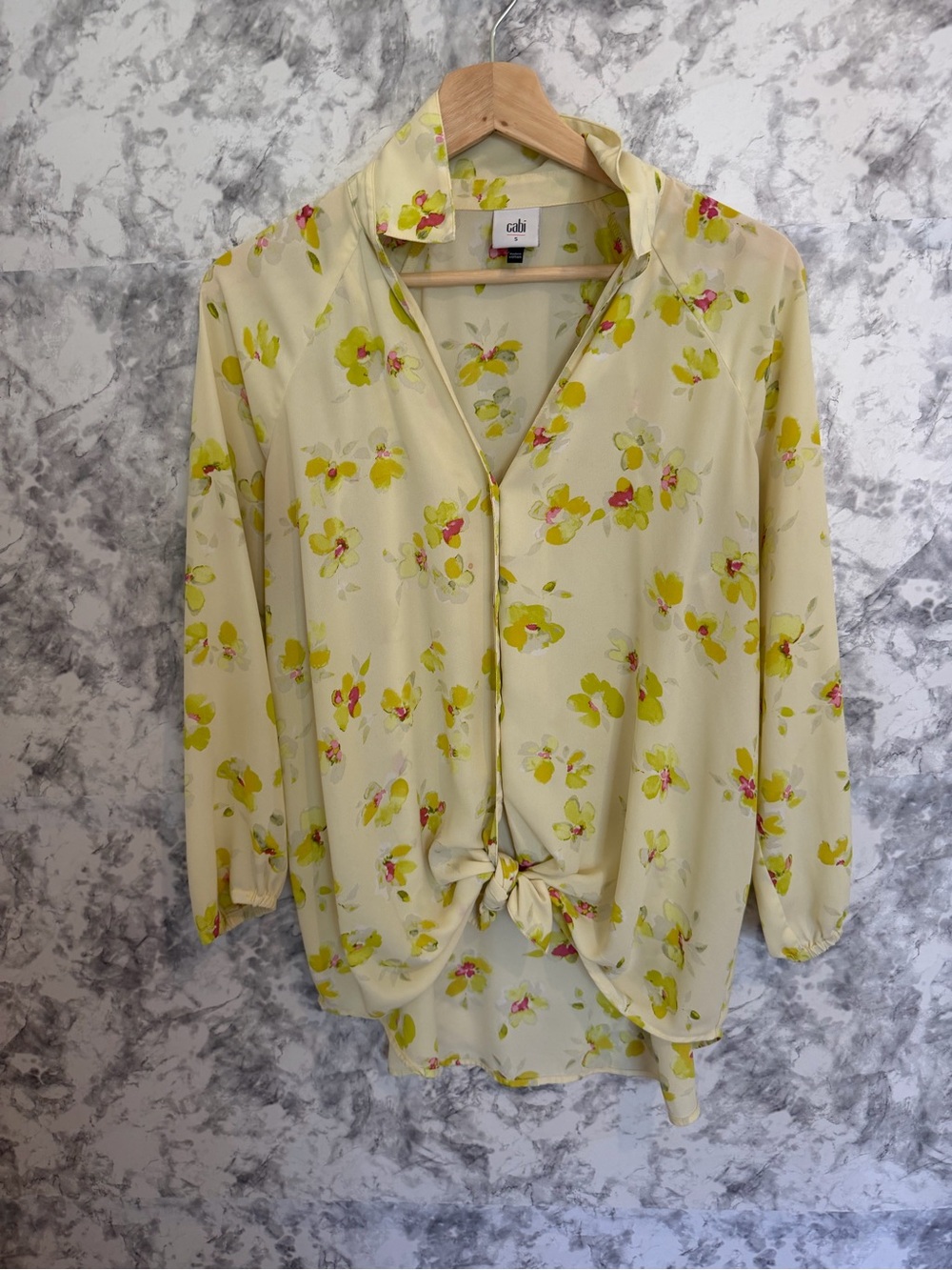 CAbi Yellow Floral Tie-Front Blouse with Pink Accents